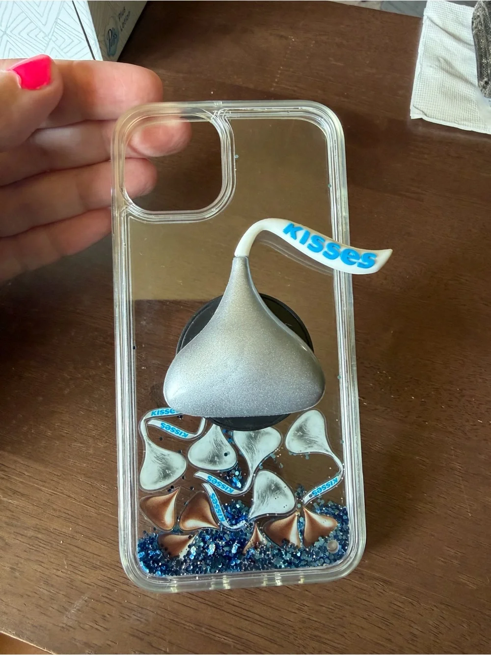 Kisses Clear Phone Case with Silver Kisses and Blue Glitter
